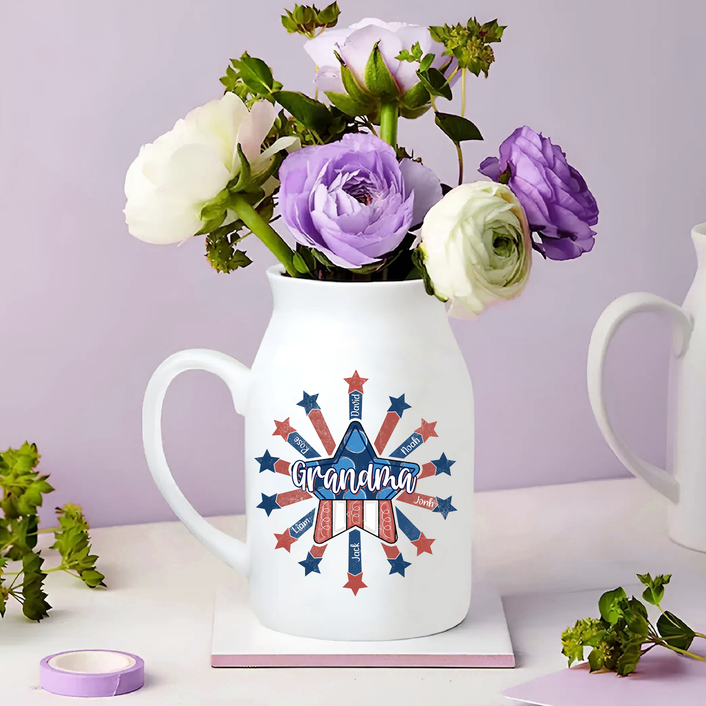 Star Flag Grandma And Kids - Custom Home Decoration Flower Vase According To Family Requirements - Warm Gift For Mother's Day, Ceramic Flower Vase