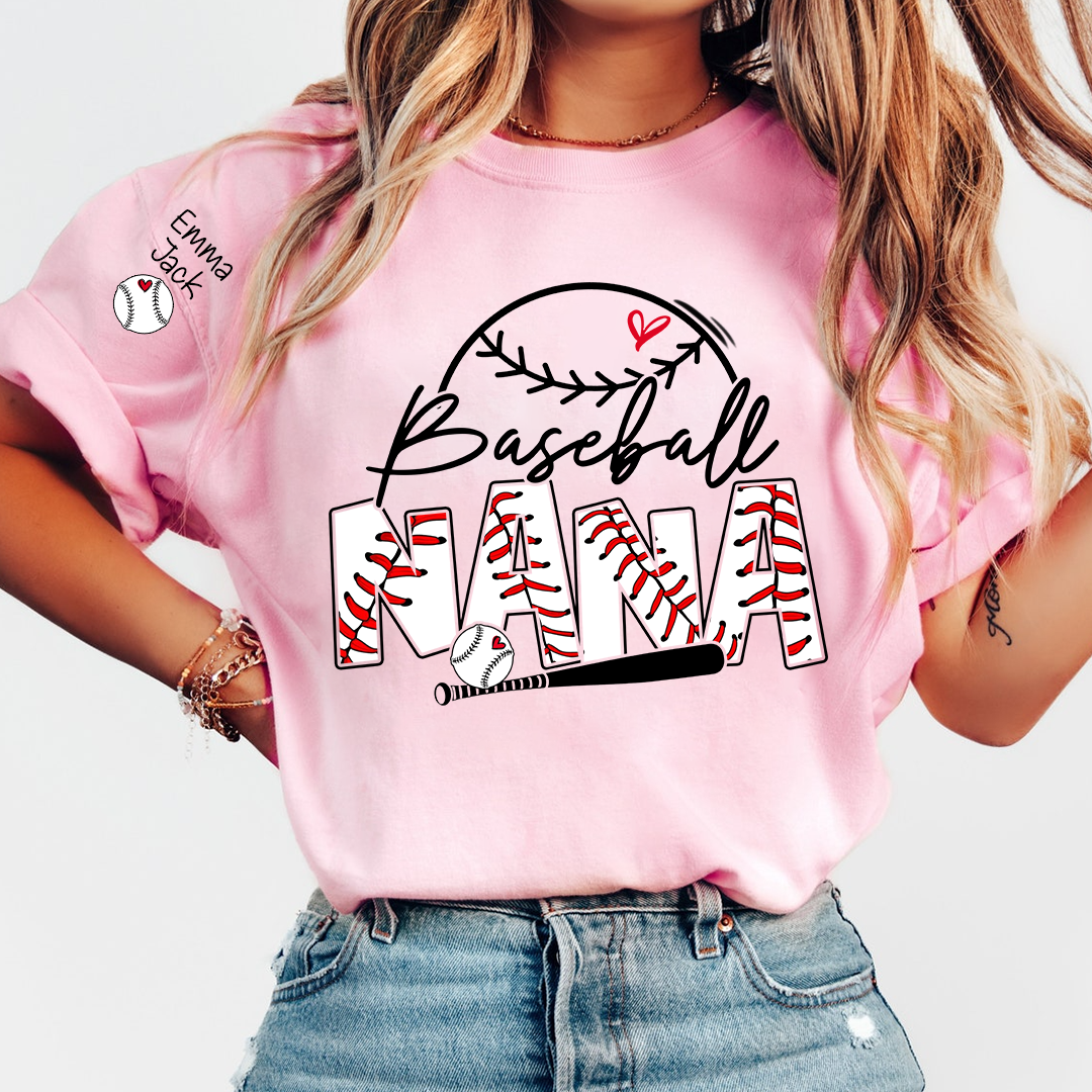 Baseball Nana Shirt Personalized with Grandkids Names, Sports Heart and Bat Family T Shirt