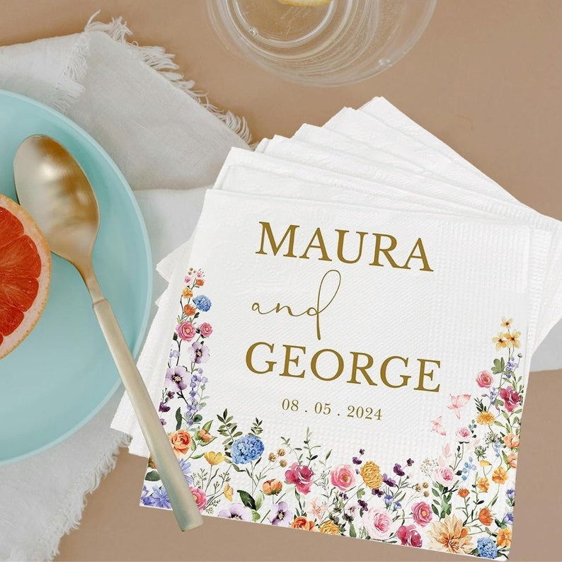 Personalized Wedding Napkins | Custom Wedding Napkins | Floral Cocktail Napkins | Save The Date | Dinner Bridal Shower Engagement Party