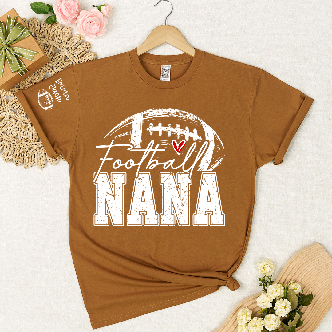 Personalized Nana Football Shirt with Heart, Custom Football Tee Kids Names And Grandma