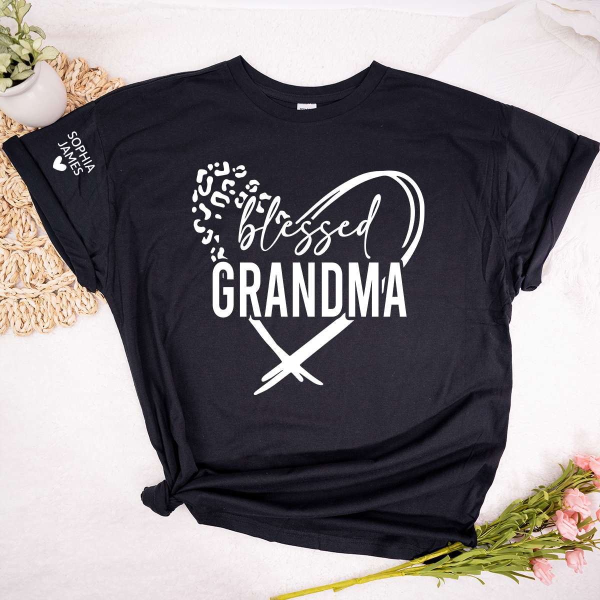 Blessed Grandma Shirt, Leopard Print Heart Design T-Shirt, Custom Grandma Apparel for Her, Sentimental Family Gift