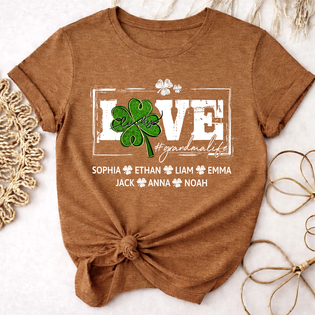Grandma St Patrick’s Day Shirt, LOVE Shamrock Grandmalife Personalized Family T Shirt