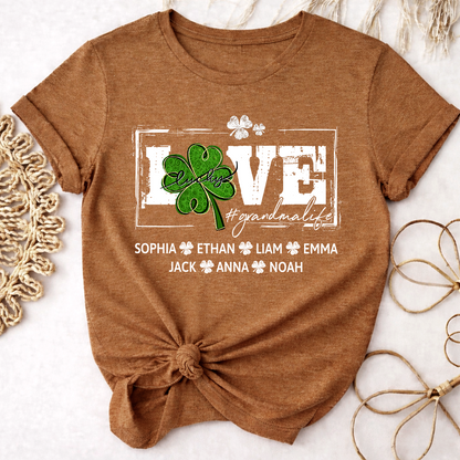 Grandma St Patrick’s Day Shirt, LOVE Shamrock Grandmalife Personalized Family T Shirt