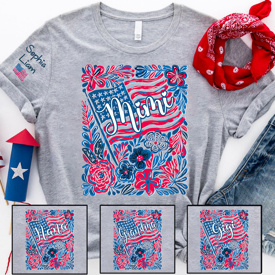 Personalized Mimi Shirt with Kids Names Patriotic Floral Design USA Flag Custom Family Tee