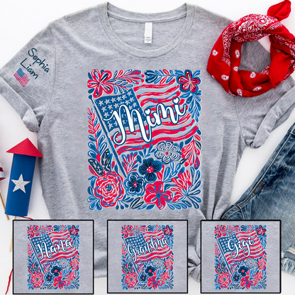 Personalized Mimi Shirt with Kids Names Patriotic Floral Design USA Flag Custom Family Tee