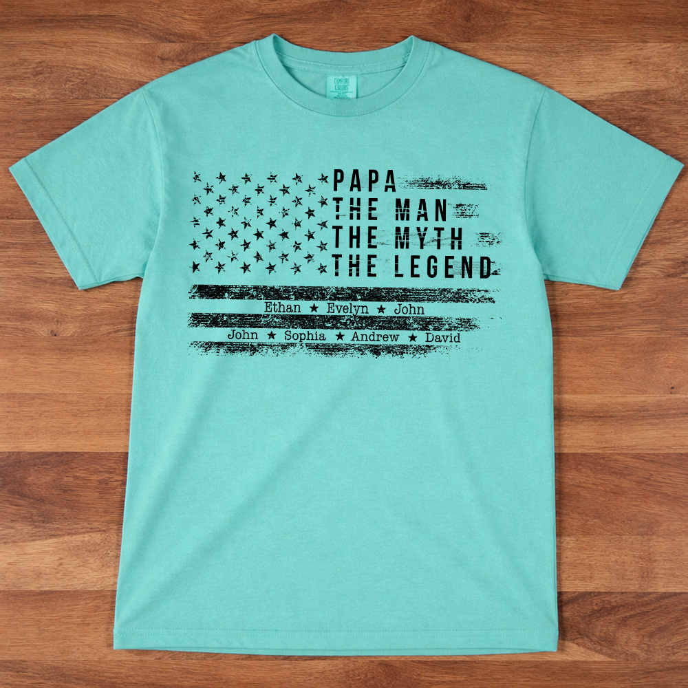 Comfort Colors Personalized Papa The Man The Myth The Legend Shirt – Custom Dad Gift with Kids Names and American Flag Design