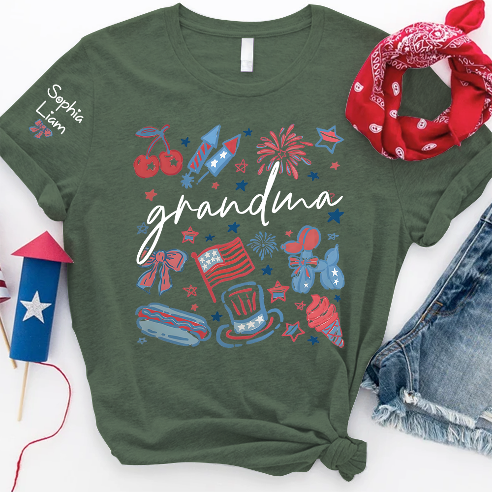 Grandma Custom T Shirt, Independence Day Themed Design with Fireworks, Stars, and USA Icons