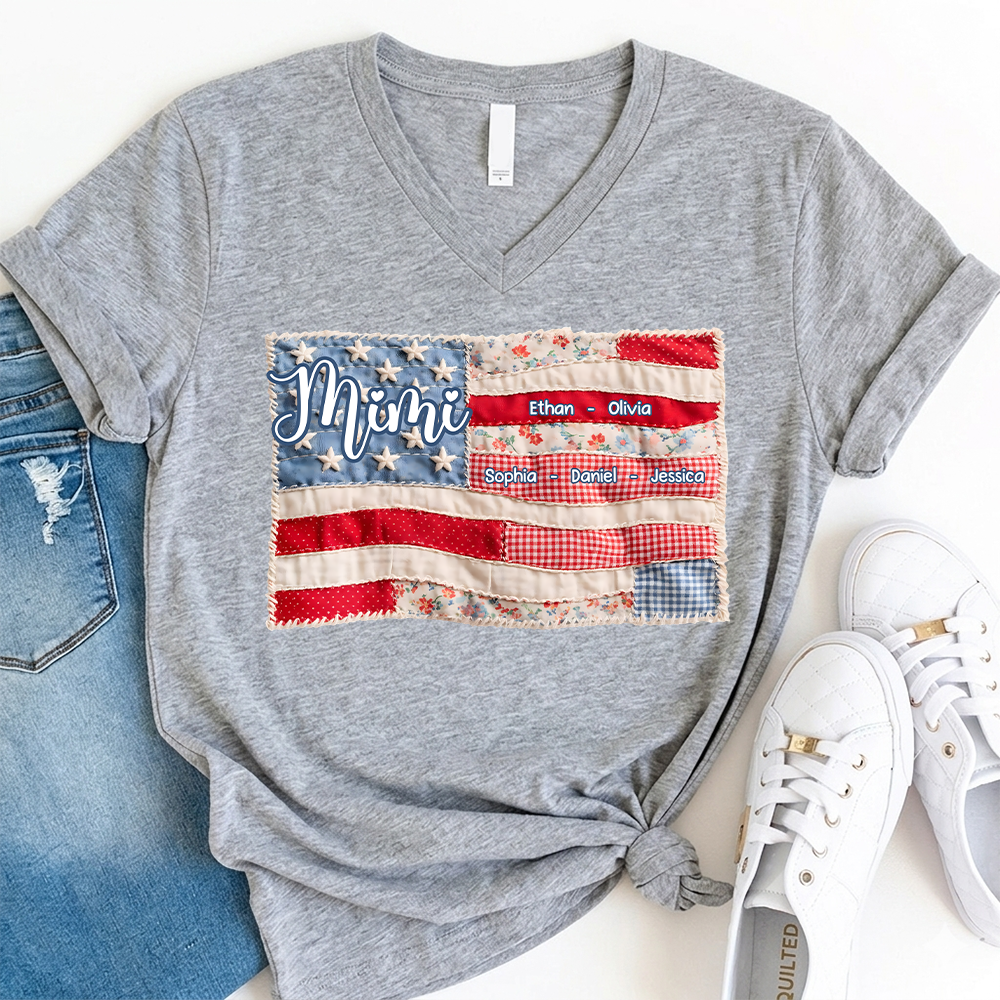 Custom Mimi Shirt for Grandmother Personalized with Kids' Names, American Flag Patchwork Design V-Neck