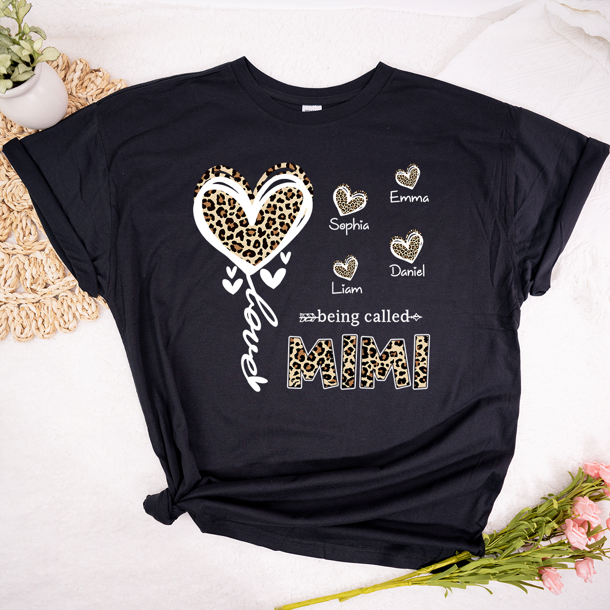 Personalized Mimi Grandma Shirt with Grandkids Names, Leopard Heart Being Called Mimi T-Shirt
