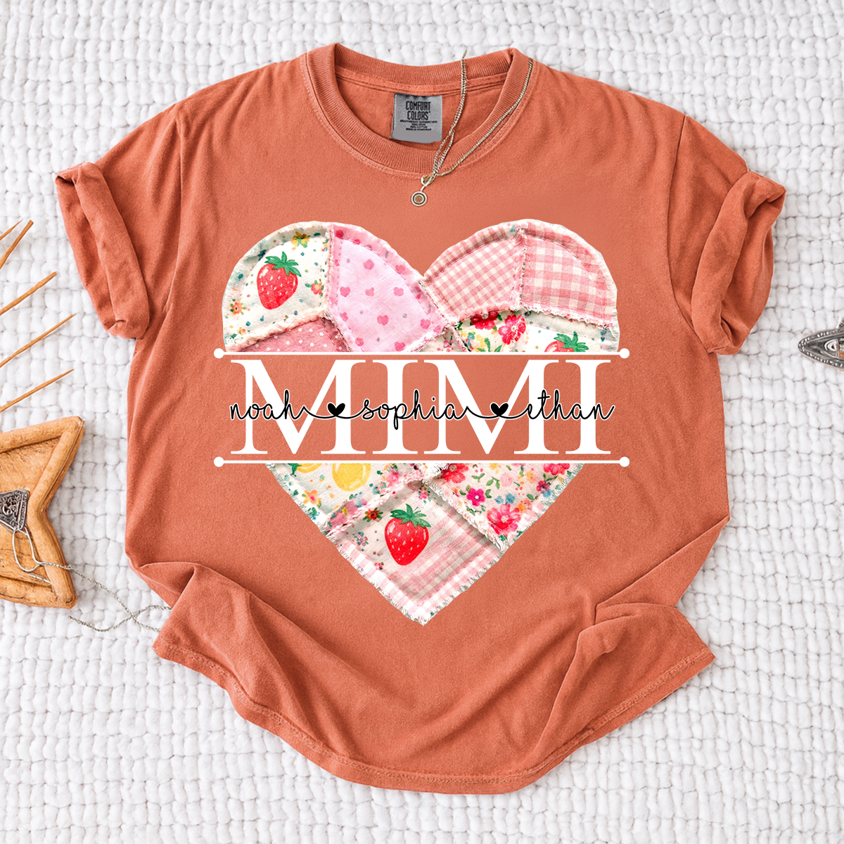Comfort Colors® Personalized Mimi Heart Patch T-Shirt for Grandma, Custom Family Names Tee