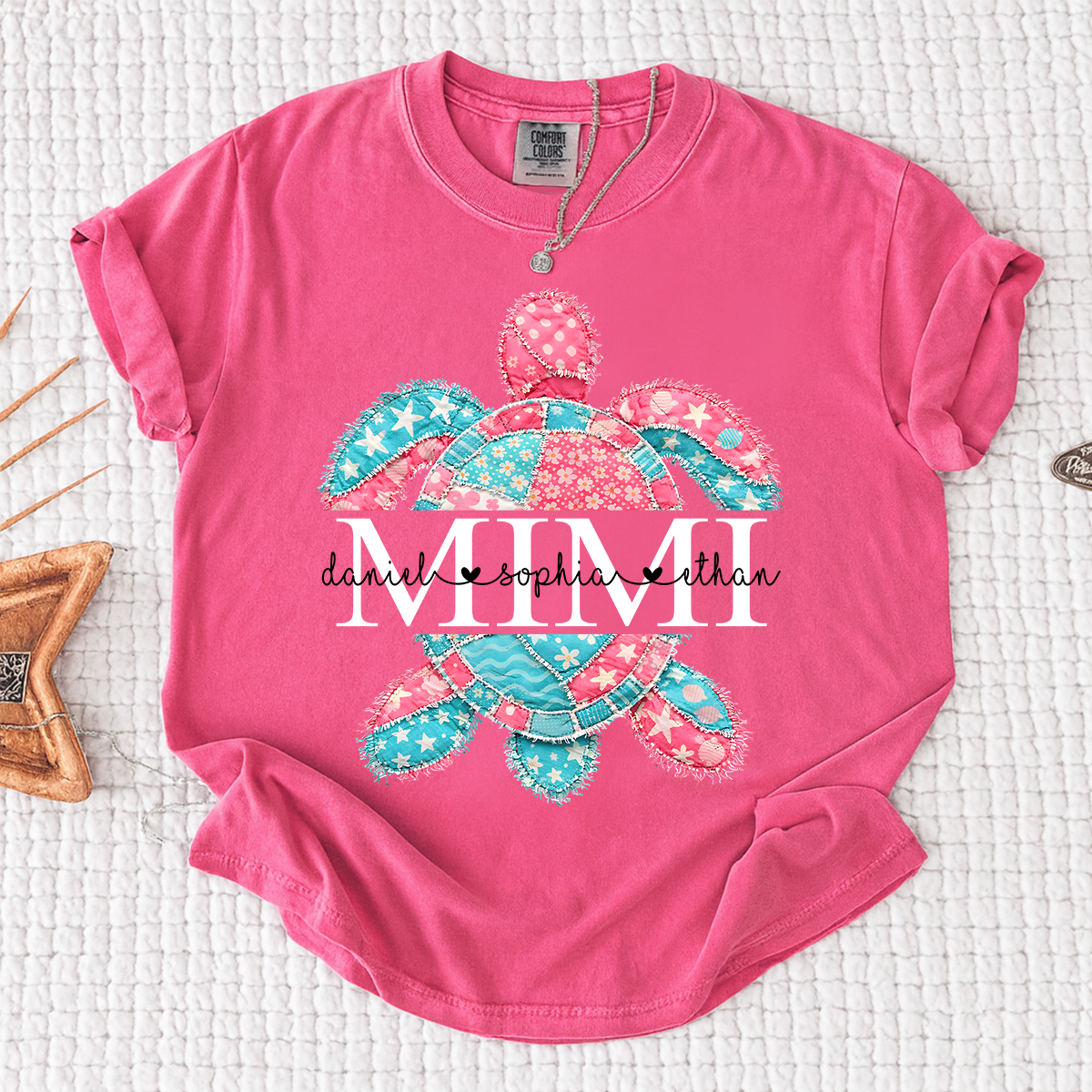 Comfort Colors Personalized Mimi Sea Turtle Shirt with Grandkids Names, Custom Grandma Beach T Shirt for Women, Coastal Family Gift
