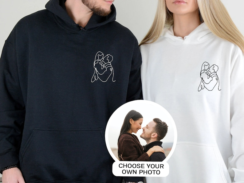 Custom Embroidered Portrait Hoodie, Personalized Couple Portrait Outline from Photo Hoodie, Matching Couple Hoodie, Valentine's Day Gifts Hoodie, Sweatshirt