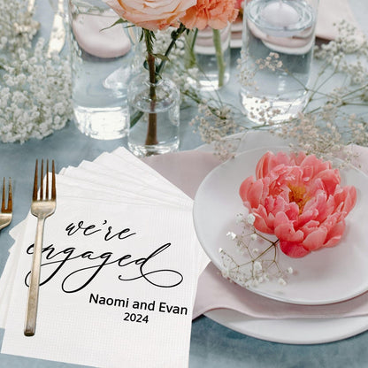 We're Engaged Napkins Engagement Party Decorations Custom Wedding Napkins Cocktail With Name Napkins Rehearsal Dinner Custom Wedding Napkins