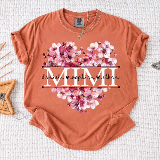 Comfort Mimi Floral Heart Shirt, Custom Family Names Pink Flower Design T Shirt