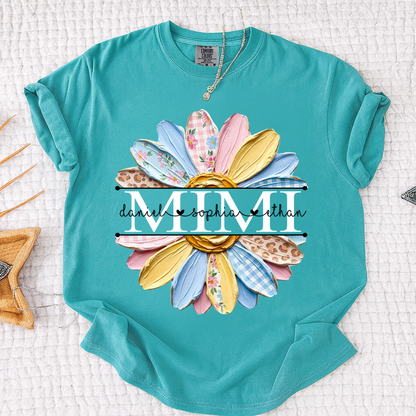 Comfort Mimi Floral Shirt, Custom Grandkids Names with Colorful Patchwork Daisy Design