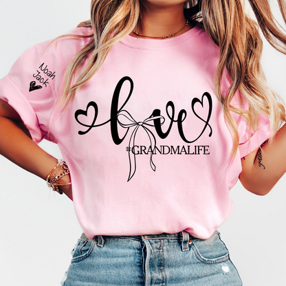 Personalized Grandma Life T-Shirt, Custom Name Graphic Tee with Love and Bow Design
