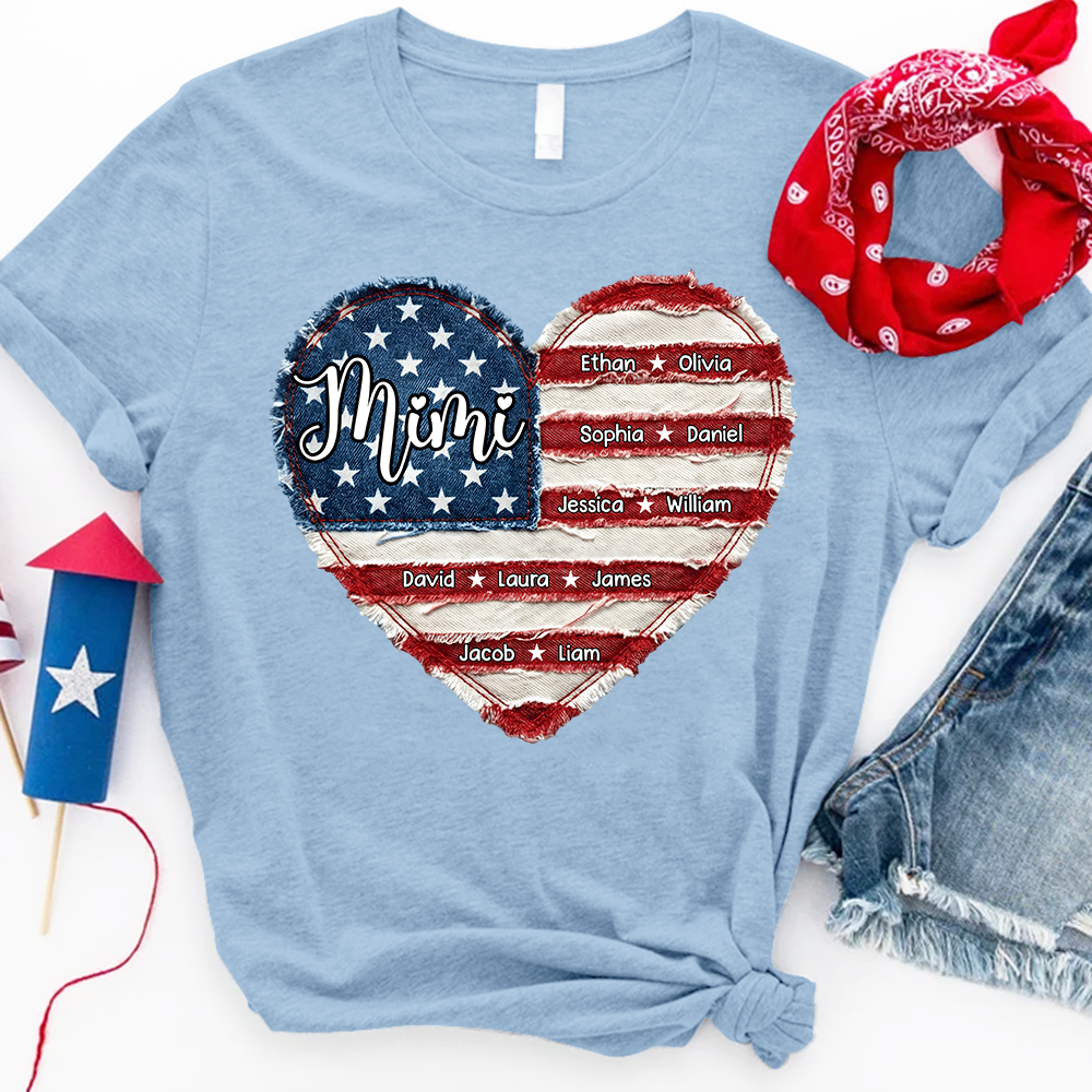 Personalized Mimi Shirt, Custom Family Names T Shirt, American Flag Heart Design, Patriotic Gift for Mimi