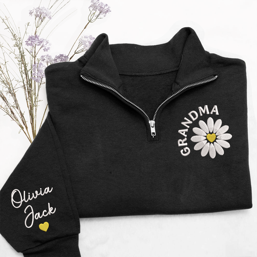 Grandma Embroidered Daisy Quarter Zip Sweater – Personalized With Grandchildren Names Gift