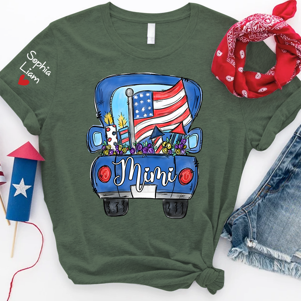 Mimi Shirt with Custom Names, Patriotic Pickup Truck Fireworks Graphic, Independence Day Family Matching Outfit