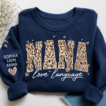 Personalized Nana And Kids Sweatshirt, Love Language Leopard Design for Valentine