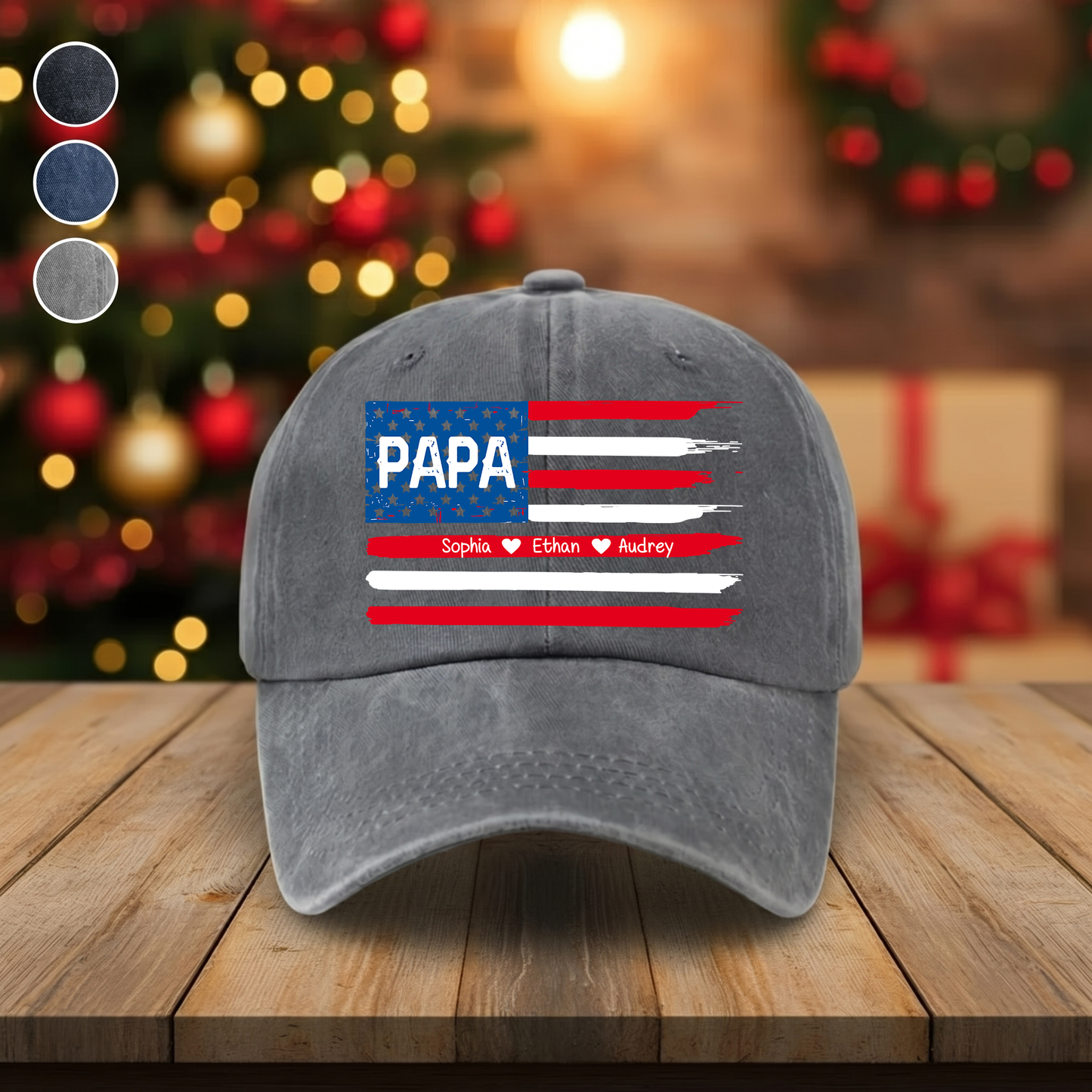 Personalized Papa American Flag Hat Custom Kids Names Baseball Cap Gift For Dad Grandpa Father’s Day Patriotic Adjustable Navy Blue Cap