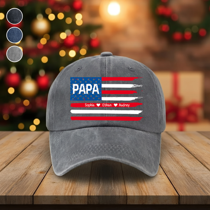 Personalized Papa American Flag Hat Custom Kids Names Baseball Cap Gift For Dad Grandpa Father’s Day Patriotic Adjustable Navy Blue Cap