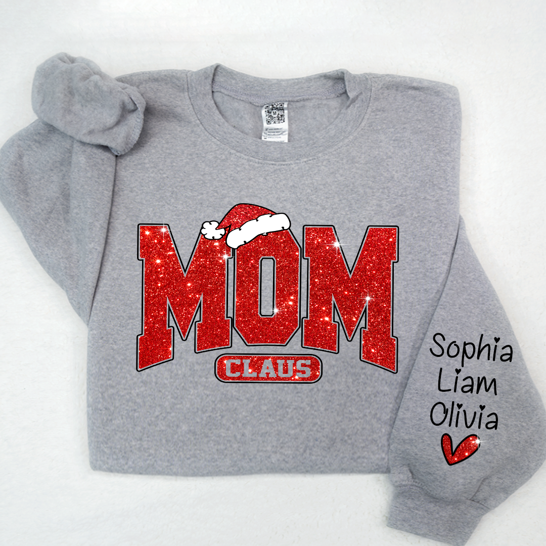 Glitter Merry Christmas Mom Sweatshirt With Kid Names On Sleeve, Mothers Day Gift LTP01