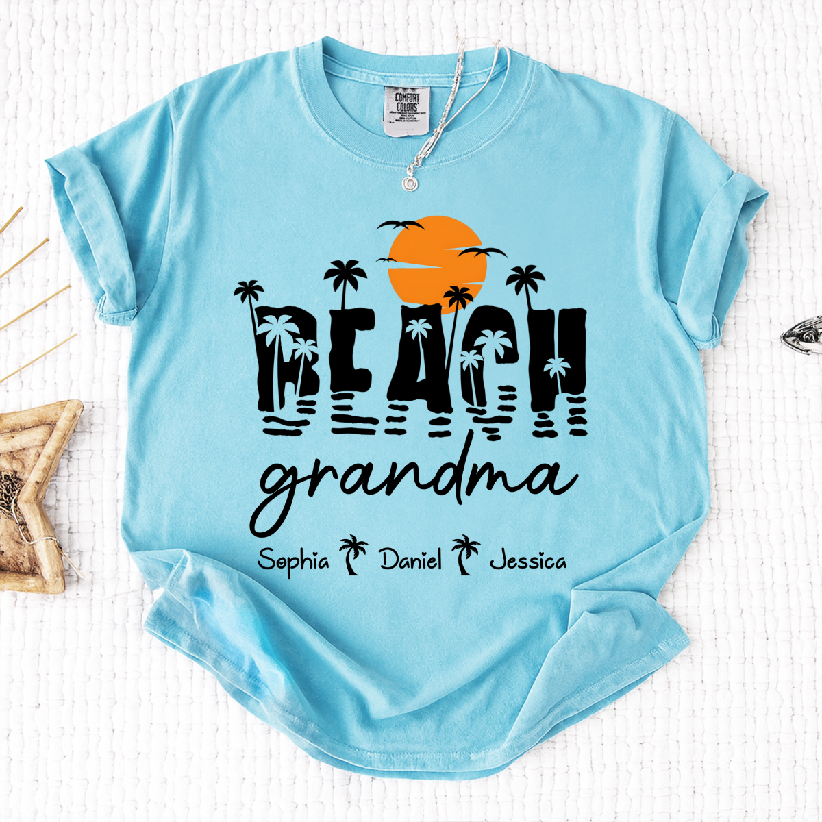Comfort Colors Personalized Tropical Grandma Shirt – Custom Beach Sunset Palm Tree Tee with Grandchildren Names, Vacation Gift for Her