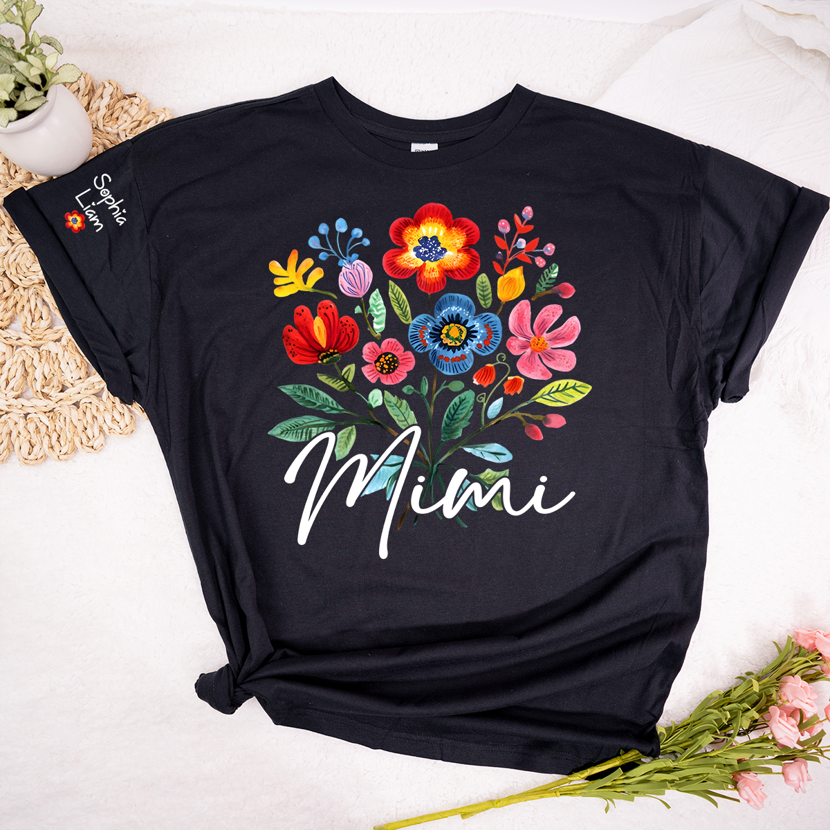 Personalized MimiI Floral T Shirt, Custom Family Names with Vibrant Flower Design, Perfect Gift for Mimi Cinco de mayo