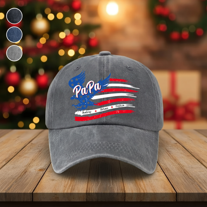 Personalized PaPa American Flag Hat for Grandpa, Custom Kids Names Patriotic Eagle Cap, Fathers Day Gift for Papa Grandfather Birthday Present for Men