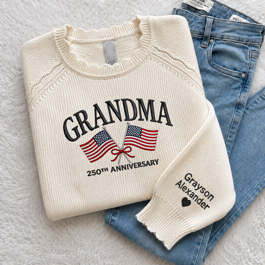 Custom Embroidered Grandma 250th Anniversary Knit Sweater, Personalized US Flag Crewneck, Custom Sleeve Names, Patriotic Grandma Gift