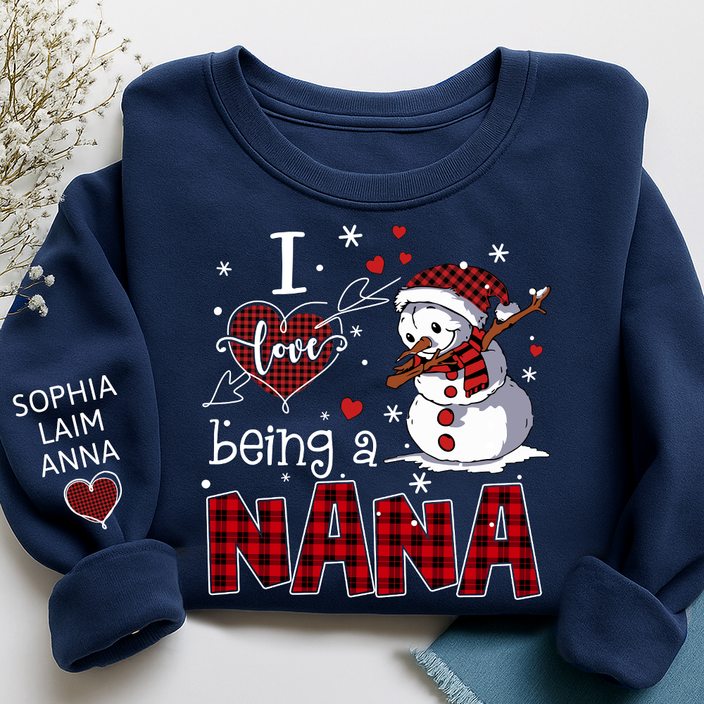 I Love Being a Nana Sweatshirt, Personalized Christmas Snowman Shirt with Kids Names