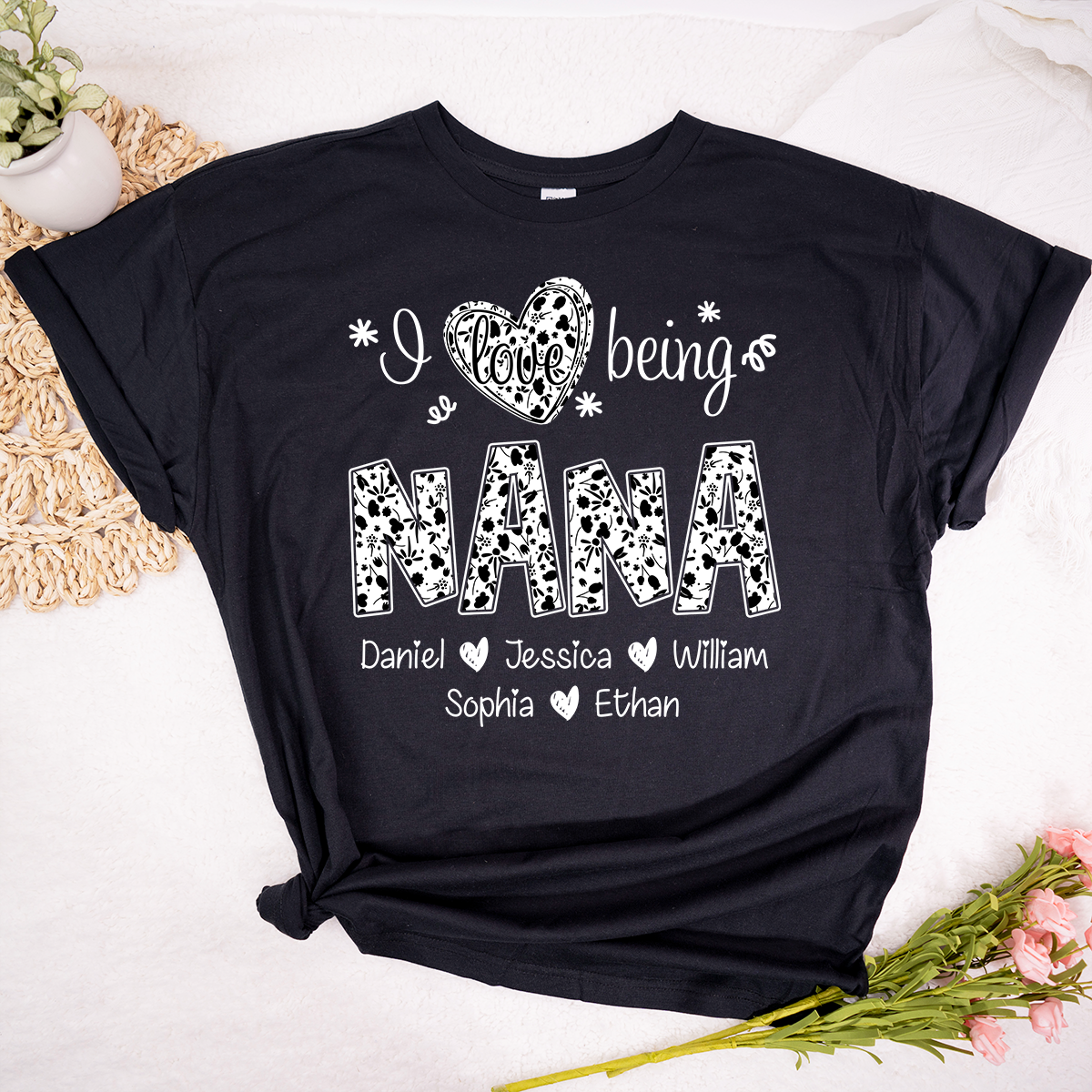 I Love Being Nana Shirt with Names, Floral Grandma Tee, Mother’s Day Gift for Nana