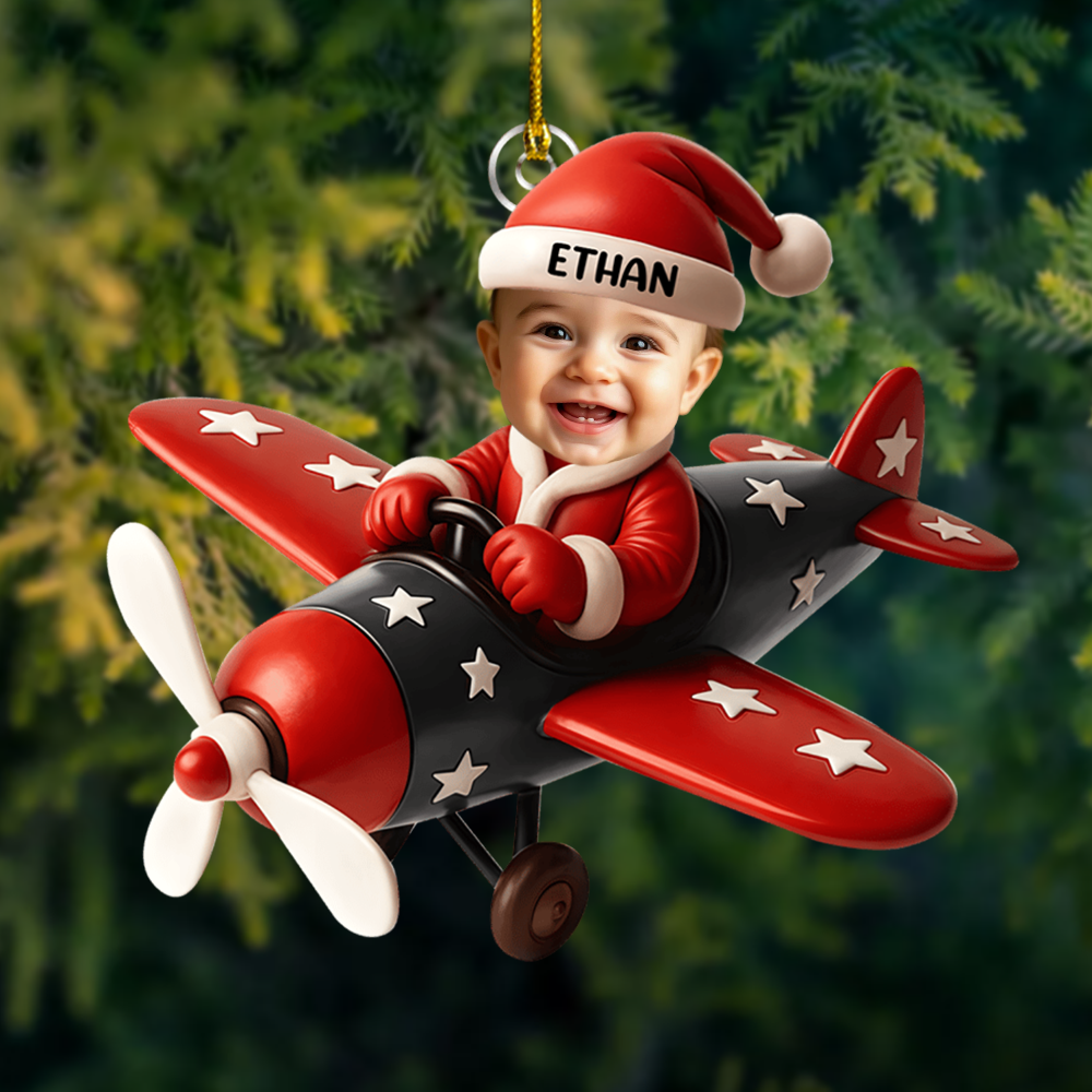 Personalized Baby Pilot Ornament 2025 – Custom Photo & Name Airplane Ornament, Baby’s First Christmas Gift Ornament