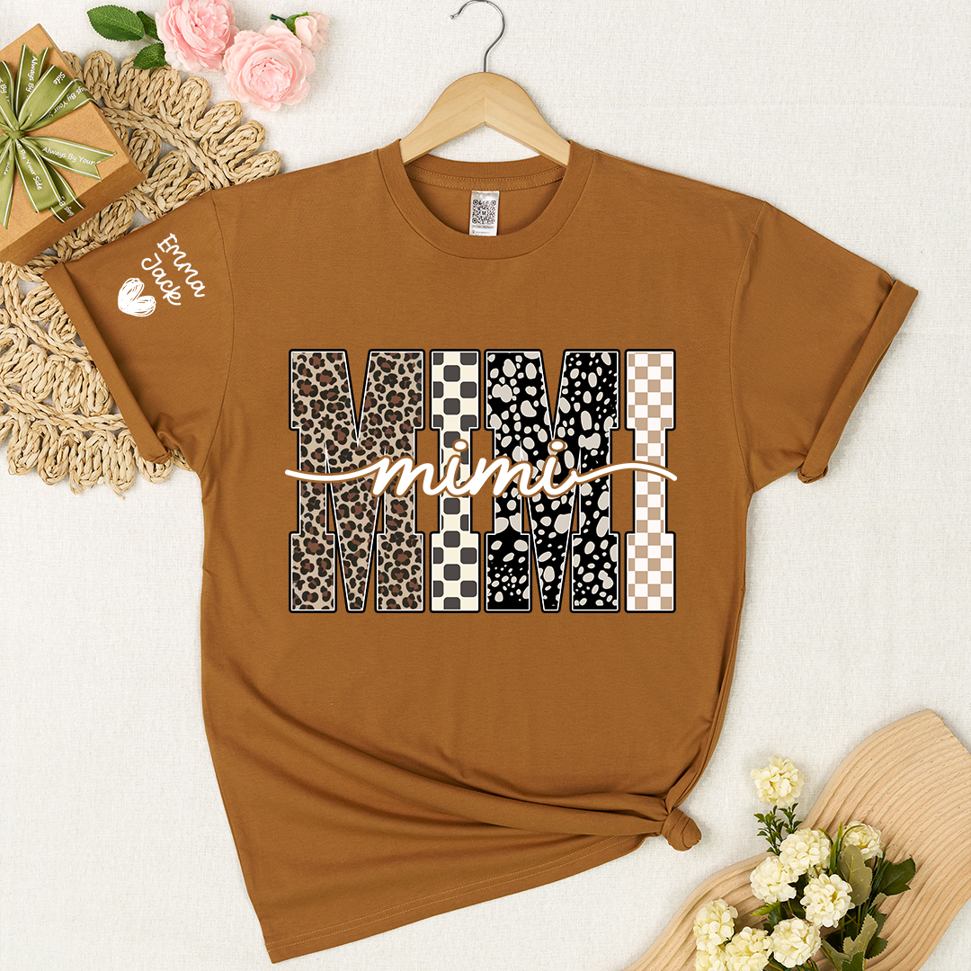 Personalized Mimi Shirt with Grandkids Names, Leopard and Checkered Pattern Family Tee