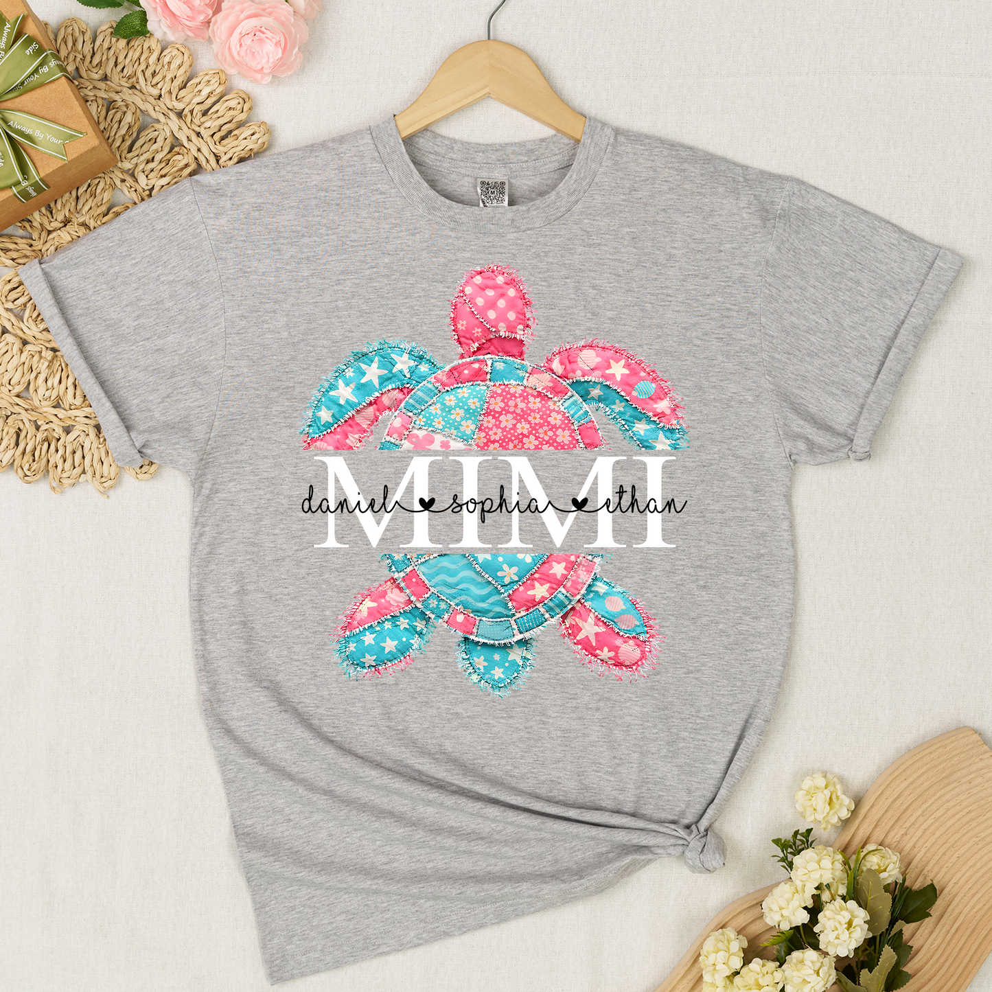 Custom Mimi T Shirt with Grandchildren Names, Colorful Patchwork Sea Turtle Graphic Tee, Beach Lover Gift for Women
