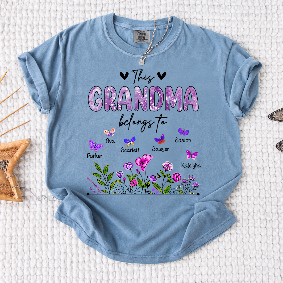 Comfort Colors® This Grandma Belongs To Tee, Custom Grandma Shirt with Grandkids Names, Floral Garden Theme, Meaningful Family Apparel