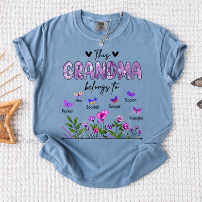 Comfort Colors® This Grandma Belongs To Tee, Custom Grandma Shirt with Grandkids Names, Floral Garden Theme, Meaningful Family Apparel