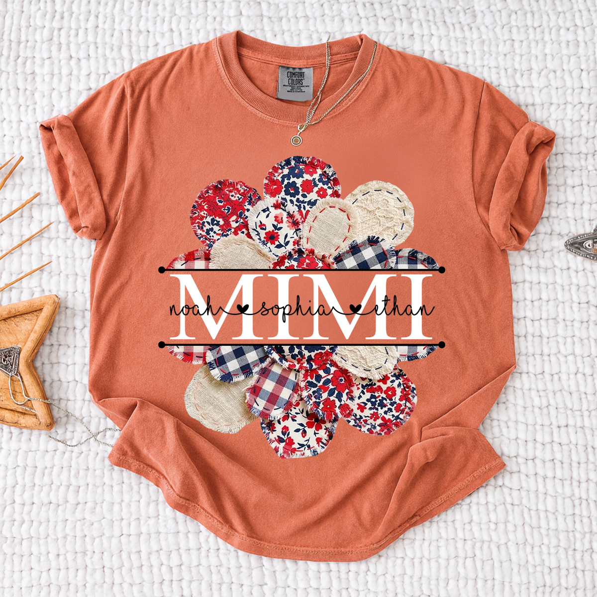 Comfort Colors Custom Mimi T-shirt with Grandkids Names, Red and Blue Floral Patchwork