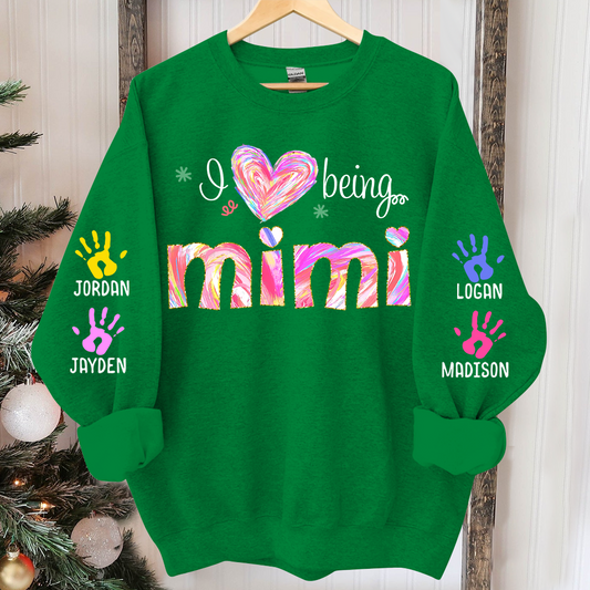 Personalized I Love Being Grandma Sweatshirt, Custom Grandma With Grandkids Name On The Sleeve Sweatshirt