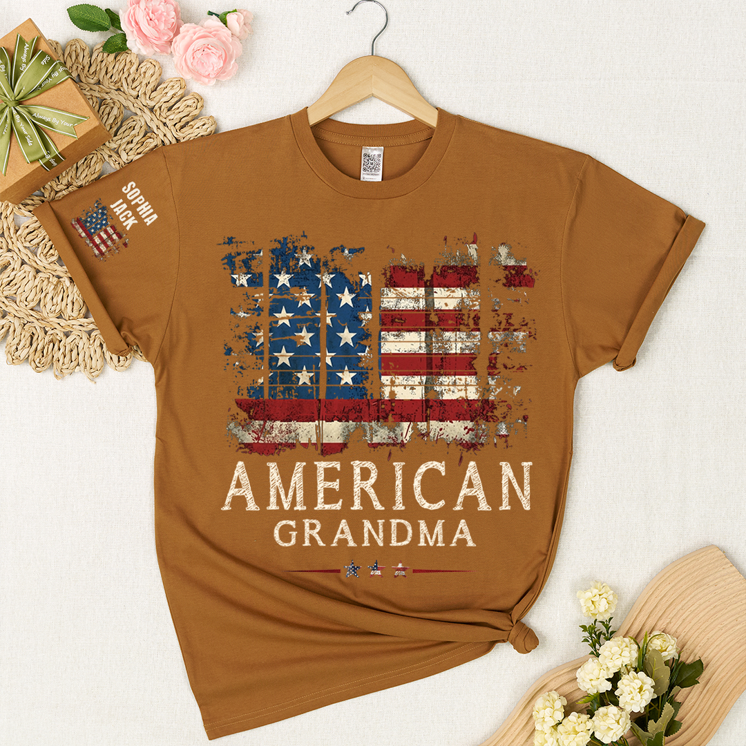 Personalized 4th of July Grandma T-Shirt, Distressed US Flag Gift for Grandmother