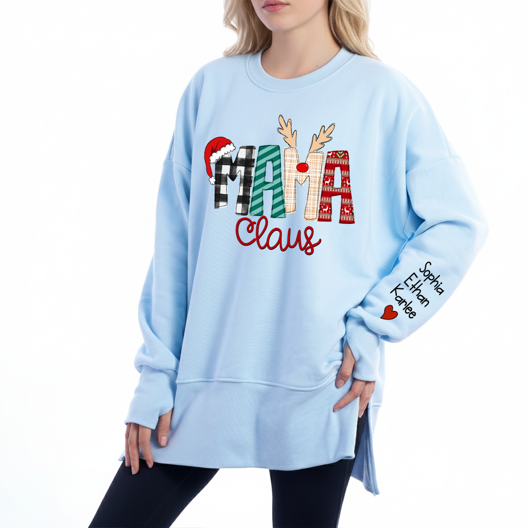 Mama Claus Oversized Christmas Sweatshirt - Personalized Holiday Pullover with Kids' Names on Sleeve, Cozy Festive Gift for Mom