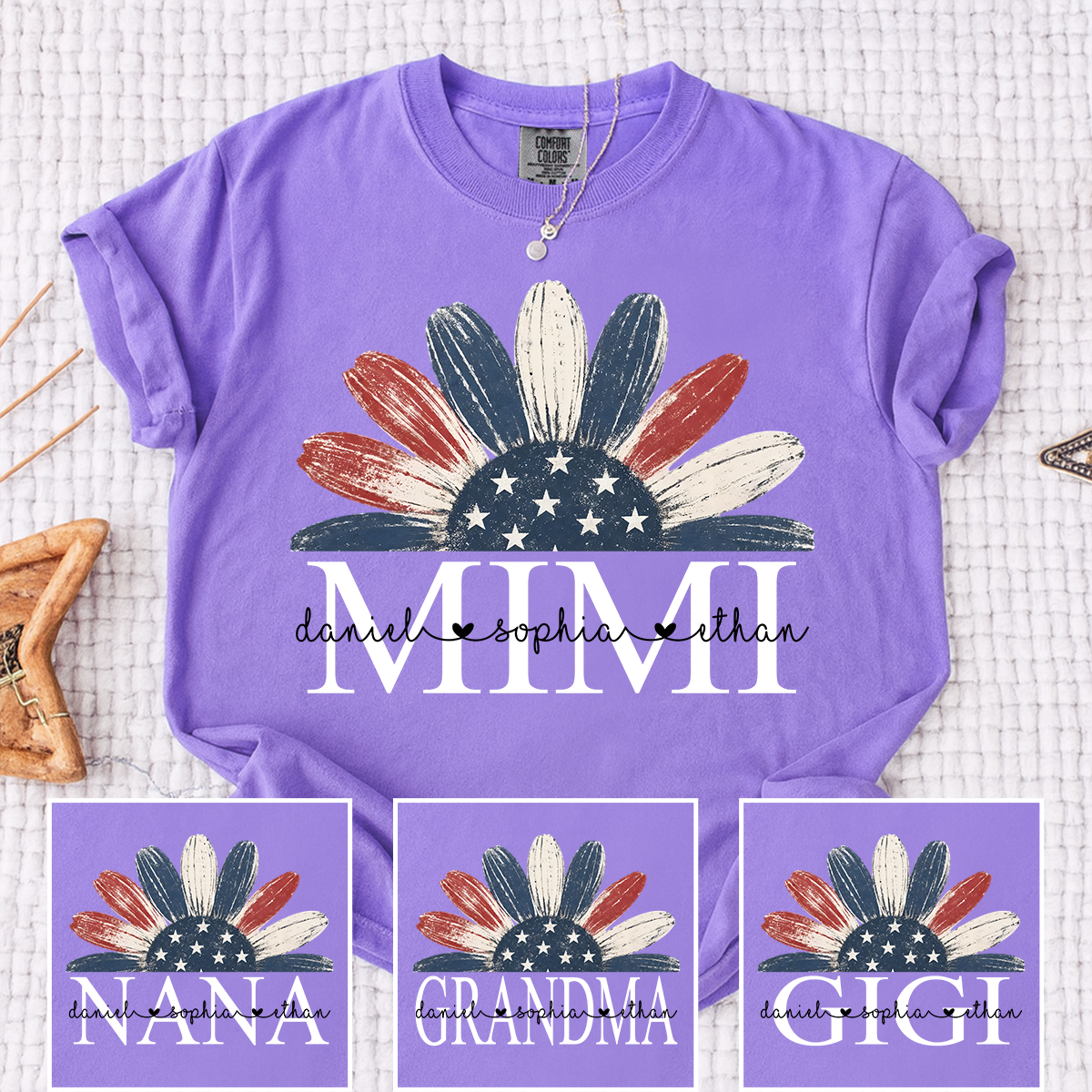 Comfort Colors Floral Mimi T Shirt, Custom Name Design with American Flag, Personalized Grandma Gift, Patriotic 4th of July Shirt