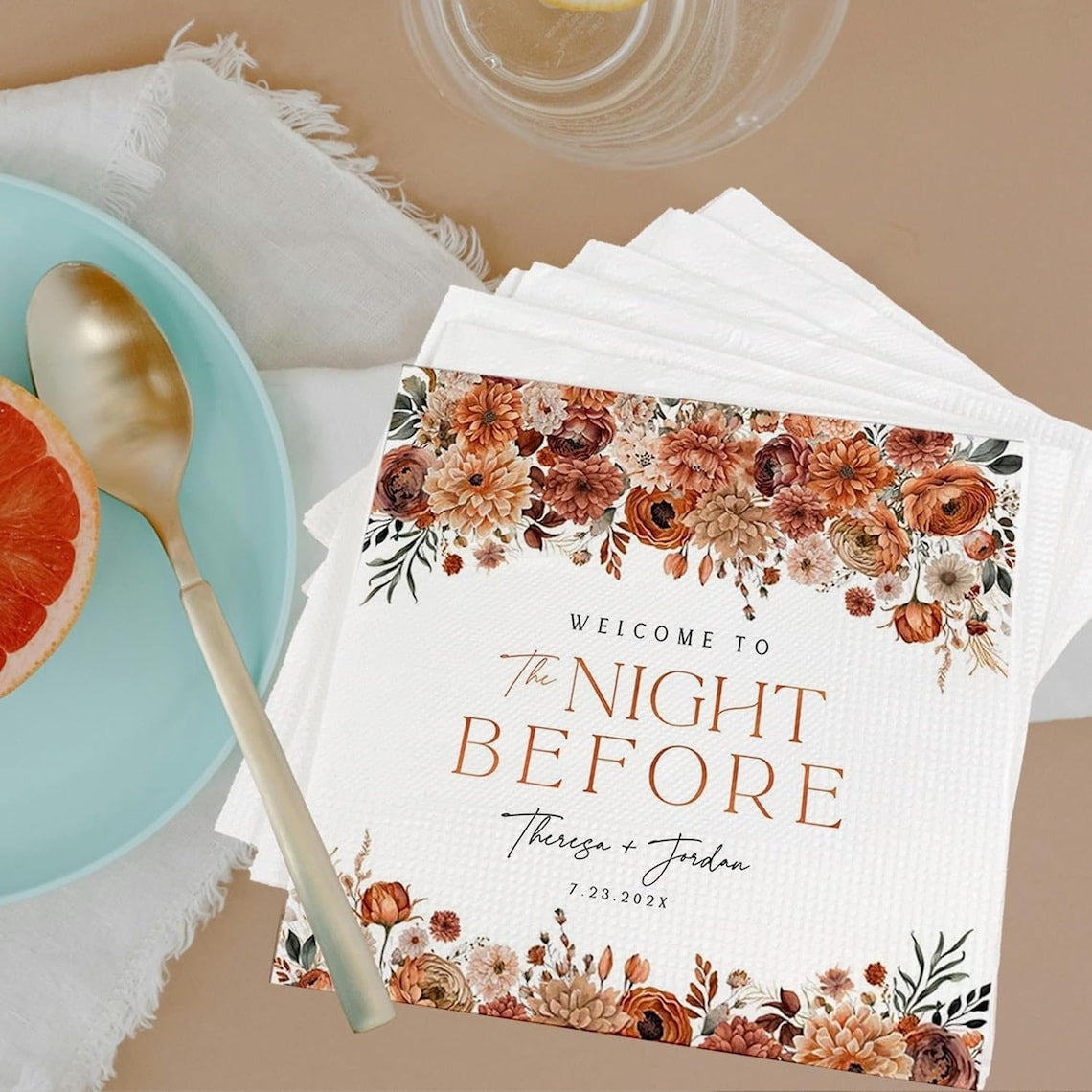The Night Before Napkins | Custom Bridal Shower Napkins | Personalized Wedding Napkins | Floral Dinner Cocktail Napkin | Wedding Party Decor