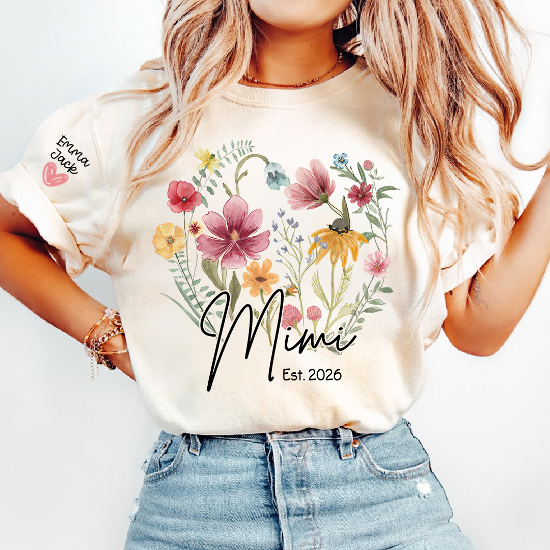 Mimi Est T-Shirt Personalized with Grandkids Names, Wildflower Floral Family Tee