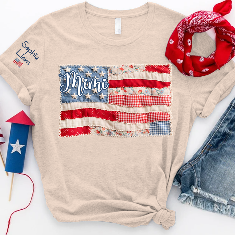 Mimi Shirt with Kids Names Patriotic Patchwork American Flag Design Custom Family Tee