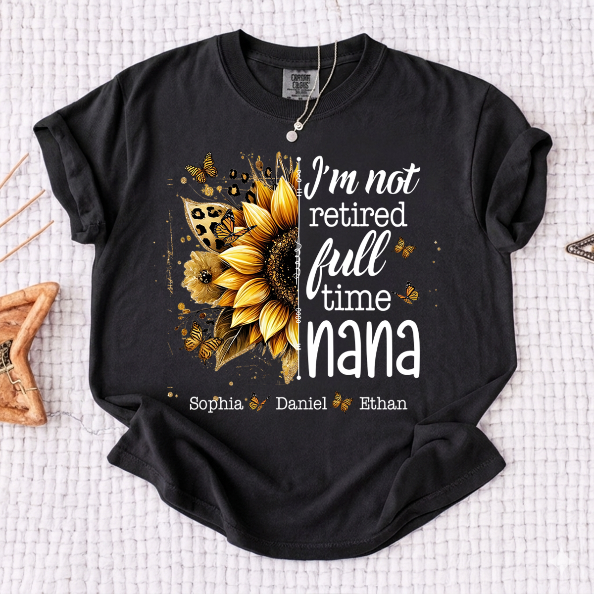 Comfort Colors Mimi Sunflower T-Shirt Personalized, I’m Not Retired Full Time Mimi with Custom Family Names