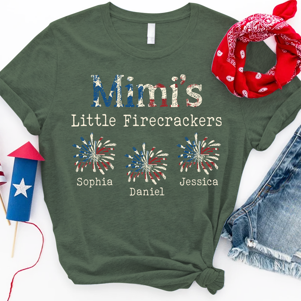 Personalized Mimi's Little Firecrackers Shirt with Kids Names, Custom Patriotic Family Tee, 4th of July Grandma Shirt for Women