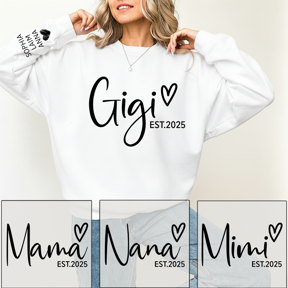 Personalized Gigi Est Heart Sweater, Gift for Grandma and Kids, Unique Gift for Grandma and Family
