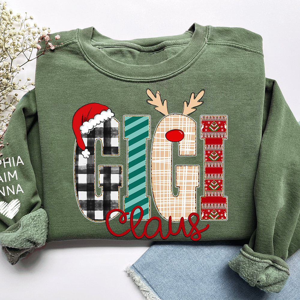 Gigi Claus Christmas Sweatshirt – Personalized Holiday  with Child’s Name on Sleeve Sweatshirts